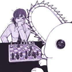 Rule 34 | 1girl, board game, breasts, chainsaw, chainsaw man, chess, chess piece, chessboard, collared shirt, commentary, covering own mouth, crying, eating the chess pieces (meme), english commentary, greyscale, hair ornament, hairclip, head rest, higashiyama kobeni, kiwirabbit, low ponytail, medium breasts, meme, messy hair, monochrome, necktie, photo-referenced, pochita (chainsaw man), shirt, short ponytail, tears, trembling
