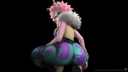 Rule 34 | 1girl, 3d, absurdres, artist name, ashido mina, ass, bare shoulders, black background, black sclera, bodysuit, boku no hero academia, boots, breasts, colored sclera, colored skin, from behind, fur trim, highres, huge ass, jacket, large breasts, looking at viewer, looking back, mask, pink hair, pink skin, popa-3d-animations, short hair, sleeveless, solo, squatting, thighs, tight clothes, vest, yellow eyes