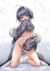Rule 34 | 1girl, ahoge, arknights, black coat, black eyes, black hair, blush, coat, covering crotch, covering own mouth, covering privates, ehart, feather hair, feathers, full body, fur-trimmed sleeves, fur trim, gradient background, grey background, hair intakes, hair ornament, hairclip, head tilt, kneeling, la pluma (arknights), long sleeves, looking at viewer, off shoulder, open clothes, open coat, short hair, solo, white background