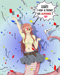 Rule 34 | 10s, 1girl, announcement celebration, breasts, chaz fedi, cleavage, confetti, cowboy shot, fangs, hair ornament, hairclip, highres, holding, holding with tail, lamia, large breasts, long hair, miia (monster musume), monster girl, monster musume no iru nichijou, navel, one eye closed, pennant, pointy ears, prehensile tail, red hair, scales, shadow, shirt, signature, slit pupils, solo, spanish text, tail, tied shirt, very long hair, yellow eyes