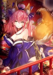 Rule 34 | 10s, 1girl, animal ears, blue legwear, breasts, cleavage, detached sleeves, ekm, fate/extra, fate/extra ccc, fate/grand order, fate (series), fox ears, fox tail, hair ribbon, japanese clothes, large breasts, looking at viewer, pink hair, ribbon, sitting, smile, solo, tail, tamamo (fate), tamamo no mae (fate/extra), yellow eyes