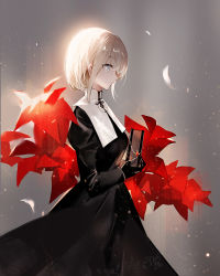 Rule 34 | 1girl, black dress, black gloves, book, closed mouth, commentary request, dress, feathers, flower, gloves, grey background, grey eyes, hair between eyes, highres, holding, holding book, juexing (moemoe3345), juliet sleeves, light brown hair, long sleeves, looking away, original, profile, puffy sleeves, red flower, sidelocks, sleeves past wrists, solo