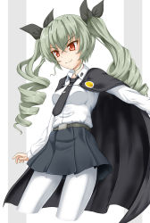 Rule 34 | &gt;:), 10s, 1girl, anchovy (girls und panzer), anzio school uniform, arm at side, belt, black necktie, black ribbon, black skirt, breasts, bright pupils, closed mouth, collared shirt, cropped legs, drill hair, flipper, girls und panzer, green hair, hair ribbon, highres, legs apart, long sleeves, looking away, looking down, medium breasts, medium skirt, miniskirt, necktie, outstretched arm, pantyhose, red eyes, ribbon, school uniform, shirt, shirt tucked in, skirt, smug, solo, standing, tsurime, twin drills, twintails, two-tone background, v-shaped eyebrows, white pantyhose, white shirt, wing collar