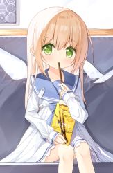 Rule 34 | 1girl, blonde hair, blue bow, blue sailor collar, blush, bow, dress, eating, feet out of frame, food, food in mouth, green eyes, hair between eyes, holding, holding food, long hair, long sleeves, looking at viewer, original, pocky, sailor collar, sailor dress, sitting, sleeves past wrists, solo, very long hair, waka (yuuhagi (amaretto-no-natsu)), white dress, yuuhagi (amaretto-no-natsu)