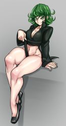 Rule 34 | 1girl, absurdres, black dress, breasts, cleavage, collarbone, curly hair, dress, green eyes, green hair, grey background, highres, long sleeves, looking at viewer, medium breasts, navel, nisego, one-punch man, seductive smile, shoes, short hair, sitting, smile, solo, stomach, tatsumaki, thick thighs, thighs