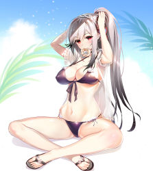 Rule 34 | 1girl, arms up, azur lane, bikini, black footwear, blue sky, breasts, brown hair, cleavage, cloud, commentary request, covered erect nipples, crossed ankles, day, doughnut, dunkerque (azur lane), dunkerque (summer sucre) (azur lane), flower, food, food in mouth, hair between eyes, high ponytail, highres, large breasts, long hair, mouth hold, outdoors, ponytail, purple bikini, red eyes, ribbon trim, sandals, side-tie bikini bottom, sidelocks, sitting, sky, solo, swimsuit, toenails, very long hair, white flower, youta