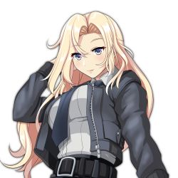 Rule 34 | 1girl, belt, black belt, blonde hair, blue jacket, blue necktie, breasts, commentary request, from below, grey eyes, highres, hornet (kancolle), jacket, kantai collection, large breasts, long hair, long sleeves, necktie, open clothes, open jacket, shirt, simple background, solo, tk8d32, upper body, white background, white shirt