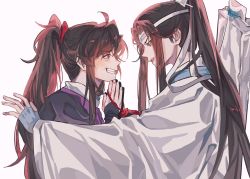 Rule 34 | 2boys, arm up, black hair, black robe, blue gloves, bridal gauntlets, chinese clothes, chinese commentary, commentary request, gloves, grin, hair ornament, hair ribbon, hanfu, headband, highres, lan wangji, long hair, long sleeves, looking at another, male focus, modao zushi, multiple boys, own hands together, ponytail, red eyes, ribbon, robe, siiideee, simple background, smile, wei wuxian, white background, white headband, white ribbon, white robe, wide sleeves, xiao guan (headdress), yellow eyes