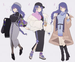 Rule 34 | 1girl, alternate costume, blouse, blunt bangs, blush, braid, breasts, brown jacket, cabbie hat, coat, commentary, contemporary, cup, dress, drinking straw, earrings, fashion, fingerless gloves, flat cap, floral print, full body, genshin impact, gloves, hat, high heels, highres, jacket, jewelry, large breasts, long hair, long skirt, looking at viewer, low-braided long hair, low-tied long hair, nail polish, numbered, pantyhose, purple eyes, purple hair, purple pantyhose, purple sweater, raiden shogun, ribbed sweater, scarf, shirt, shoes, simple background, skirt, smile, solo, sweater, syandega, turtleneck, turtleneck sweater, very long hair, white coat, winter clothes