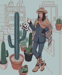 Rule 34 | 1boy, 23011620x, ace attorney, black hair, blue jacket, blue pants, boots, cactus, closed mouth, cowboy hat, facial hair, full body, hat, highres, holding, jacket, jake marshall, long hair, long sleeves, male focus, pants, phoenix wright: ace attorney, plant, poncho, potted plant, red scarf, scarf, shirt, smile, solo, standing