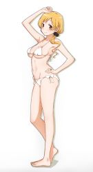 Rule 34 | 1girl, absurdres, alternate hairstyle, arm up, barefoot, bikini, black scrunchie, blonde hair, blush, breasts, closed mouth, female focus, from side, full body, groin, hair down, hair ornament, hair over shoulder, hair scrunchie, hand on own hip, highres, jewelry, large breasts, looking at viewer, mahou shoujo madoka magica, mahou shoujo madoka magica (anime), micro bikini, navel, revision, ring, scrunchie, side-tie bikini bottom, silhouette, simple background, smile, solo, standing, swimsuit, tomoe mami, white background, white bikini, yanmaami, yellow eyes