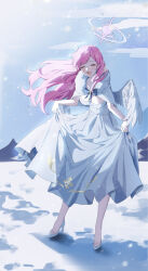 Rule 34 | 1girl, absurdres, angel wings, blue archive, breasts, capelet, cleavage, closed eyes, collarbone, day, dress, facing viewer, feathered wings, full body, hair bun, halo, high heels, highres, large breasts, long hair, mika (blue archive), open mouth, outdoors, pink hair, pink halo, single side bun, smile, snow, snowing, solo, standing, white capelet, white dress, white footwear, white wings, wings, xu wen (bbb2822828)