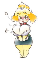 Rule 34 | 1girl, :3, animal crossing, animal ears, animal hands, barefoot, bell, blonde hair, blue skirt, blush, body fur, breasts, brown eyes, bursting breasts, cleavage, collar, commission, dog ears, dog girl, dorianm bc, embarrassed, fangs, female focus, flying sweatdrops, full body, furry, furry female, green vest, hair bell, hair ornament, highres, huge breasts, isabelle (animal crossing), jingle bell, legs together, motion lines, neck ribbon, nintendo, nose blush, open clothes, open mouth, open shirt, own hands together, pencil skirt, popped button, red ribbon, ribbon, shirt, short hair, short sleeves, simple background, sketch, skindentation, skirt, smile, solo, standing, surprised, sweat, thick thighs, thighs, topknot, two-tone fur, v arms, vest, wardrobe malfunction, white background, white fur, white shirt, wide-eyed, wide hips, yellow fur