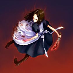 Rule 34 | alice (alice in wonderland), alice in wonderland, alice liddell (american mcgee&#039;s alice), american mcgee&#039;s alice, apron, blood, boots, brown hair, knife, short hair, solo, tanisi (hosimade)