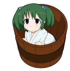 Rule 34 | 1girl, absurdres, blue eyes, bucket, female focus, green hair, hair bobbles, hair ornament, highres, in bucket, in container, japanese clothes, kisume, ladfa, solo, touhou, twintails, white background