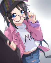 Rule 34 | 1girl, baseball cap, belt, black belt, black hair, black hat, blue shorts, blurry, blurry foreground, blush, commentary request, denim, denim shorts, depth of field, glasses, glue, gradient background, grey background, hat, idolmaster, idolmaster shiny colors, jacket, locked arms, long hair, long sleeves, looking at viewer, mitsumine yuika, open clothes, open jacket, pink jacket, print headwear, red-framed eyewear, round eyewear, shirt, short shorts, shorts, solo focus, teeth, tsuezu, white background, white shirt