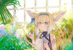 Rule 34 | 1girl, absurdres, animal ears, arknights, blonde hair, braided hair rings, bug, butterfly, flower, fox ears, green eyes, greenhouse, hairband, highres, infection monitor (arknights), insect, mangosuchin, material growth, oripathy lesion (arknights), sunlight, suzuran (arknights), watering can