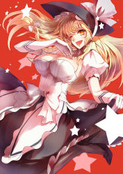 Rule 34 | 1girl, ;d, aged up, apron, blonde hair, braid, breasts, bustier, cleavage, female focus, gloves, hat, high heels, highres, kirisame marisa, large breasts, long hair, looking at viewer, new super marisa land, nokishita, one eye closed, open mouth, pantyhose, red background, running, shoes, simple background, skirt hold, smile, solo, star (symbol), touhou, waist apron, white gloves, wink, witch, witch hat, yellow eyes