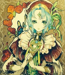 Rule 34 | 1girl, bad id, bad pixiv id, blue hair, bridal gauntlets, bug, butterfly, earrings, eyelashes, facial mark, flower, forehead jewel, gem, green eyes, green lips, hair ribbon, own hands clasped, hat, highres, bug, jewelry, lipstick, long sleeves, makeup, marker (medium), original, own hands together, puffy long sleeves, puffy sleeves, ribbon, rose, short hair, smile, solo, traditional media, wadani hitonori
