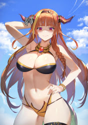Rule 34 | 1girl, arm up, armpits, bikini, blue sky, bow, braid, breasts, brooch, cleavage, closed mouth, cloud, day, diagonal-striped bow, dragon girl, dragon horns, dragon tail, gluteal fold, hairband, hand on own hip, highres, hololive, horn bow, horn ornament, horns, jewelry, kiryu coco, large breasts, lips, long hair, looking at viewer, multicolored hair, orange bikini, orange hair, outdoors, pointy ears, raijuu (bakanara), red eyes, shaded face, single braid, sky, smile, solo, standing, striped, striped bow, swimsuit, tail, very long hair, virtual youtuber