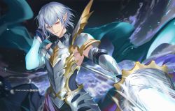 Rule 34 | 1boy, armor, artist name, bishounen, cape, darkavey, glowing, granblue fantasy, green eyes, grimnir (granblue fantasy), heterochromia, highres, looking at viewer, male focus, pauldrons, pointing weapon, pointy ears, red eyes, shoulder armor, signature, silver hair, smile, solo, upper body