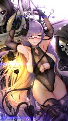 Rule 34 | 1girl, alternate costume, armpits, arms up, azur lane, backlighting, bare shoulders, black footwear, black gloves, black leotard, black ribbon, black robe, black thighhighs, blue eyes, blunt bangs, blush, boots, bow, bowtie, breasts, cameltoe, chromatic aberration, cleavage, closed mouth, clothing cutout, collarbone, covered erect nipples, covered navel, cross, curled horns, demon horns, demon tail, elbow gloves, glasses, gloves, glowing, glowing eyes, gneisenau (azur lane), gneisenau (nightmarish succubus) (azur lane), groin, halloween, halloween costume, highleg, highleg leotard, highres, hooded robe, horns, kitsune-neko, lantern, large breasts, leotard, licking lips, long hair, looking at viewer, naughty face, pixiv id, pubic tattoo, purple hair, red-framed eyewear, ribbon, robe, see-through, semi-rimless eyewear, skeleton, skindentation, solo, standing, tail, tattoo, thick thighs, thigh boots, thighhighs, thighs, tongue, tongue out, underboob, underboob cutout, very long hair, watermark, web address, white background, white bow, wide hips