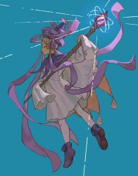 Rule 34 | 1girl, absurdres, blonde hair, blue background, cape, closed eyes, closed mouth, dress, from side, full body, glowing, glowing weapon, highres, holding, holding staff, horns, ininia (tongari boushi no atelier), long sleeves, pantyhose, profile, purple footwear, purple headwear, purple ribbon, ribbon, shoes, short hair, sleeves past fingers, sleeves past wrists, solo, staff, tongari boushi no atelier, weapon, white cape, white dress, white pantyhose, wide sleeves, witch, wonemie