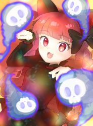 Rule 34 | 1girl, :3, :d, animal ears, blue fire, blunt bangs, blush, bow, braid, cat ears, dress, fang, fire, flaming skull, floating skull, green dress, hair bow, highres, hitodama, kaenbyou rin, kawa hagi, long hair, long sleeves, looking at viewer, open mouth, paw pose, red eyes, red hair, skull, smile, solo, touhou, twin braids, very long hair