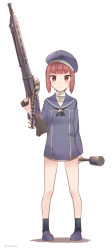 Rule 34 | &gt;:&lt;, 10s, 1girl, :&lt;, anchor, brown eyes, brown hair, closed mouth, dress, explosive, full body, grenade, gun, hand grenade, hat, holding, holding gun, holding weapon, ido (teketeke), kantai collection, long sleeves, looking at viewer, machine gun, mg42, sailor dress, sailor hat, shoes, short hair, simple background, socks, solo, stick grenade, stielhandgranate, trigger discipline, twitter username, v-shaped eyebrows, weapon, white background, z3 max schultz (kancolle)
