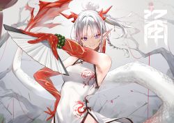 Rule 34 | 1girl, arknights, armpits, bare shoulders, bead bracelet, beads, blue eyes, bracelet, braid, branch, breasts, china dress, chinese clothes, closed mouth, cno, colored skin, dragon girl, dragon horns, dragon tail, dress, hair strand, hand fan, hand on own hip, hand up, highres, holding, holding fan, horns, jewelry, looking at viewer, medium breasts, medium hair, messy hair, nian (arknights), nian (unfettered freedom) (arknights), official alternate costume, parted bangs, pelvic curtain, pointy ears, ponytail, red skin, sidelocks, sleeveless, sleeveless dress, smile, solo, standing, tail, upper body, white dress, white hair