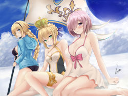 Rule 34 | 3girls, ahoge, artoria pendragon (fate), artoria pendragon (swimsuit archer) (fate), artoria pendragon (swimsuit archer) (third ascension) (fate), bare shoulders, bikini, black bikini, black hairband, blonde hair, blue eyes, blue jacket, blue ribbon, blush, bow, braid, breasts, cleavage, closed mouth, collarbone, covered navel, crown, dress swimsuit, fate/grand order, fate (series), flag, french braid, green eyes, grey one-piece swimsuit, hair bun, hair over one eye, hair ribbon, hairband, highres, hip focus, hood, hooded jacket, jacket, jeanne d&#039;arc (fate), jeanne d&#039;arc (ruler) (fate), jeanne d&#039;arc (swimsuit archer) (fate), jeanne d&#039;arc (swimsuit archer) (first ascension) (fate), large breasts, legs, light purple hair, long hair, looking at viewer, mash kyrielight, mash kyrielight (swimsuit of perpetual summer), multiple girls, official alternate costume, one-piece swimsuit, open clothes, open jacket, pink bow, piukute062, purple eyes, ribbon, short hair, single braid, single hair bun, small breasts, smile, swimsuit, thigh strap, thighs, two-tone swimsuit, very long hair, white one-piece swimsuit
