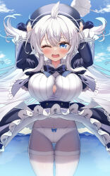 Rule 34 | 1girl, arms up, azur lane, beret, blue eyes, blue ribbon, bow, bow panties, button gap, clothes lift, cowboy shot, facing viewer, floating hair, frilled skirt, frills, hat, holding, holding clothes, holding hat, long hair, mikage (shibi), official alternate costume, one eye closed, outdoors, panties, panties under pantyhose, pantyhose, pantyshot, ribbon, skirt, skirt lift, sky, solo, standing, two side up, umbrella, umikaze (azur lane), umikaze (baby steps) (azur lane), underwear, upskirt, white hair, white panties, white umbrella, wind, wind lift