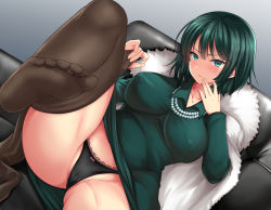 Rule 34 | 1girl, akino hamo, aqua eyes, black dress, black hair, black panties, blush, bow, bow panties, breasts, brown pantyhose, cameltoe, couch, covered erect nipples, curvy, dress, feet, fubuki (one-punch man), green hair, hair between eyes, hand up, jewelry, large breasts, leg up, long sleeves, looking at viewer, lying, necklace, on back, one-punch man, panties, pantyhose, pantyhose around one leg, pantyhose tug, pearl necklace, reclining, short hair, sidelocks, solo, underwear