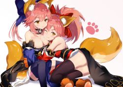 Rule 34 | 2girls, absurdres, animal ear fluff, animal ears, animal hands, bare shoulders, bell, black legwear, blue kimono, blue legwear, blue ribbon, blush, breasts, cat paws, cleavage, collar, commentary request, detached sleeves, dual persona, fate/extra, fate/grand order, fate (series), fox ears, fox girl, fox tail, gloves, hair ribbon, highres, japanese clothes, jingle bell, kimono, large breasts, long hair, multiple girls, neck bell, one eye closed, paw gloves, paw shoes, pink hair, ponytail, red kimono, red ribbon, revision, ribbon, same (sendai623), shoes, simple background, tail, tamamo (fate), tamamo cat (fate), tamamo cat (first ascension) (fate), tamamo no mae (fate/extra), white background, yellow eyes