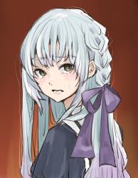 Rule 34 | 1girl, assault lily, braid, brown eyes, commentary request, crying, crying with eyes open, from behind, gradient background, grey hair, hair ribbon, highres, kon kanaho, long hair, looking at viewer, looking back, orange background, parted lips, puffy sleeves, purple ribbon, ribbon, sally (allogkk), school uniform, side braid, sidelocks, single braid, solo, tears, upper body, yurigaoka girls academy school uniform