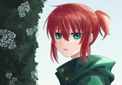 Rule 34 | 1girl, absurdres, buttons, delfuze, foliage, green eyes, green jacket, hair between eyes, hatori chise, highres, jacket, looking at viewer, mahou tsukai no yome, open mouth, ponytail, red hair, short ponytail, sidelocks, solo, turning head, white background