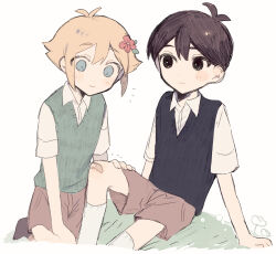 Rule 34 | 2boys, absurdres, antenna hair, aqua eyes, bandaid, bandaid on knee, bandaid on leg, basil (faraway) (omori), basil (omori), black eyes, black hair, black sweater vest, blonde hair, bright pupils, brown shorts, closed mouth, collared shirt, flower, green sweater vest, hair between eyes, hair flower, hair ornament, hand on another&#039;s thigh, hand on ground, highres, looking at another, multiple boys, omori, on ground, red flower, shirt, short hair, short sleeves, shorts, simple background, sippudayo, sitting, smile, socks, sunny (omori), sweater vest, white pupils, white shirt, white socks