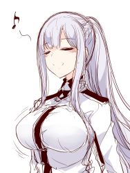 Rule 34 | 1girl, ak-12 (girls&#039; frontline), blush, braid, closed eyes, closed mouth, commentary request, french braid, girls&#039; frontline, high collar, high ponytail, highres, hourai kochou, long hair, musical note, shirt, sidelocks, silver hair, smile, solo, standing, white background, white shirt