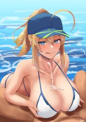 Rule 34 | 1boy, 1girl, :p, absurdres, ahoge, alternate breast size, artoria pendragon (fate), bare shoulders, bikini, blonde hair, blue eyes, blush, breast hold, breasts, cleavage, clothed female nude male, commentary, cum, cum on body, cum on breasts, cum on upper body, ejaculation, fate/grand order, fate (series), hair between eyes, hair through headwear, head out of frame, heart, heart-shaped pupils, hetero, highres, huge breasts, kasumi saika, licking lips, looking at viewer, lying, mysterious heroine x (fate), mysterious heroine xx (fate), nude, on back, out of frame, paizuri, paizuri under clothes, partially submerged, projectile cum, sidelocks, smile, solo focus, sweat, swimsuit, symbol-shaped pupils, tongue, tongue out, water