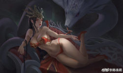 Rule 34 | 1girl, ai nuwang de wan rou, bare legs, bare shoulders, cai lin (doupo cangqiong), chair, cobra (animal), dark, doupo cangqiong, earrings, forked tongue, hair ornament, high heels, highres, jewelry, long hair, lying, navel, on side, panties, pointy ears, pumps, red footwear, red tube top, shoes, snake, stiletto heels, strapless, tongue, tube top, underwear, white snake