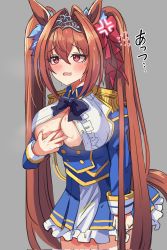 Rule 34 | 1girl, anger vein, animal ears, blush, breasts, brown hair, cleavage, commentary request, daiwa scarlet (umamusume), fang, grey background, hair ornament, highres, horse ears, horse tail, large breasts, long hair, red eyes, solo, spread cleavage, sweat, sylph kim, tail, translation request, twintails, umamusume