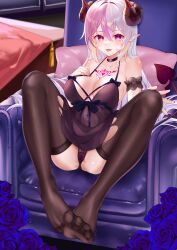 Rule 34 | 1girl, absurdres, armchair, breasts, cameltoe, chair, demon girl, demon tail, feet, flower, highres, horns, large breasts, light blush, long hair, looking at viewer, multicolored hair, original, panties, pink eyes, pointy ears, rose, see-through, see-through legwear, sitting, soles, solo, streaked hair, tail, thighhighs, toes, tongue, tongue out, underwear