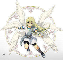 Rule 34 | 1boy, afuro terumi, angel wings, bad id, bad pixiv id, bike shorts, blonde hair, feathered wings, full body, inazuma eleven, inazuma eleven (series), long hair, looking at viewer, male focus, mizuhara aki, multiple wings, red eyes, seraph, smile, solo, white background, wings, zeus (inazuma eleven)