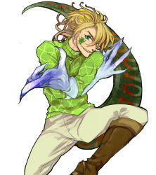 Rule 34 | 1boy, argyle, argyle clothes, argyle sweater, blonde hair, boots, claws, diego brando, fangs, glasgow smile, gloves, green shirt, jojo no kimyou na bouken, male focus, scary monsters (stand), shirt, solo, stand (jojo), steel ball run, sweater, tail, tsuneaki (dosnan)