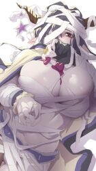 Rule 34 | 1girl, antenna hair, bandaged arm, bandages, black hair, blush, breasts, candy, chocolate, chocolate heart, chocolate on body, chocolate on breasts, cleavage, danua, draph, food, food on body, granblue fantasy, heart, horn ornament, horns, huge breasts, ion (cation), long hair, looking at viewer, pointy ears, red eyes, solo