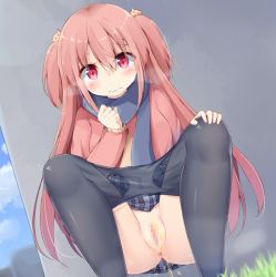 Rule 34 | 1girl, anus, black pantyhose, blue scarf, blue sky, blush, cat hair ornament, censored, closed mouth, clothes lift, clothes pull, cloud, cloudy sky, commentary request, day, grey skirt, hair between eyes, hair ornament, hand on own knee, jacket, kyuukon (qkonsan), long hair, long sleeves, looking at viewer, mosaic censoring, original, outdoors, panties, panty pull, pantyhose, pantyhose pull, pee, peeing, pink hair, pink jacket, plaid, plaid skirt, pussy, red eyes, scarf, skirt, skirt lift, sky, solo, squatting, two side up, underwear, very long hair, wavy mouth, wet, wet clothes, wet panties