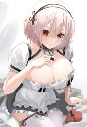 Rule 34 | 1girl, absurdres, anchor choker, arm support, azur lane, between fingers, box, breasts, candy, chocolate, chocolate heart, choker, dress, food, frilled choker, frills, hairband, hand on own chest, heart, heart-shaped box, high heels, highres, holding, large breasts, leg ribbon, red eyes, ribbon, short hair, short sleeves, sirius (azur lane), sitting, solo, suzuyama baketsu, thigh ribbon, thighhighs, valentine, white dress, white hair, white thighhighs