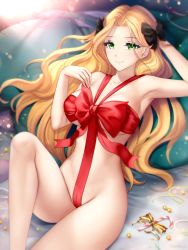 Rule 34 | 1girl, arm behind head, arm up, armpits, blonde hair, blurry, bow, breasts, cameltoe, candy, candy cane, christmas, collarbone, depth of field, food, gigamessy, green eyes, hair bow, hair intakes, knee up, large breasts, light smile, long hair, looking at viewer, naked ribbon, original, parted bangs, reclining, ribbon, solo, underboob