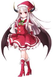 Rule 34 | arm at side, bow, breasts, copyright request, demon horns, gloves, hair bow, hakuari (hina), hand up, hat, horns, looking at viewer, official art, red bow, red eyes, red footwear, red gloves, red skirt, santa costume, santa hat, simple background, skirt, small breasts, solo, standing, tachi-e, white background, white hair, wings