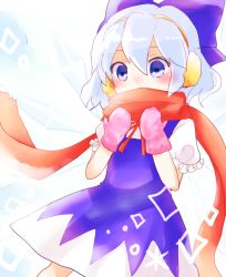 Rule 34 | 1girl, blue eyes, blue hair, blush, cirno, earmuffs, covered mouth, ice, ice wings, matching hair/eyes, mayo (mayomr29), mittens, scarf, solo, touhou, wings, winter clothes